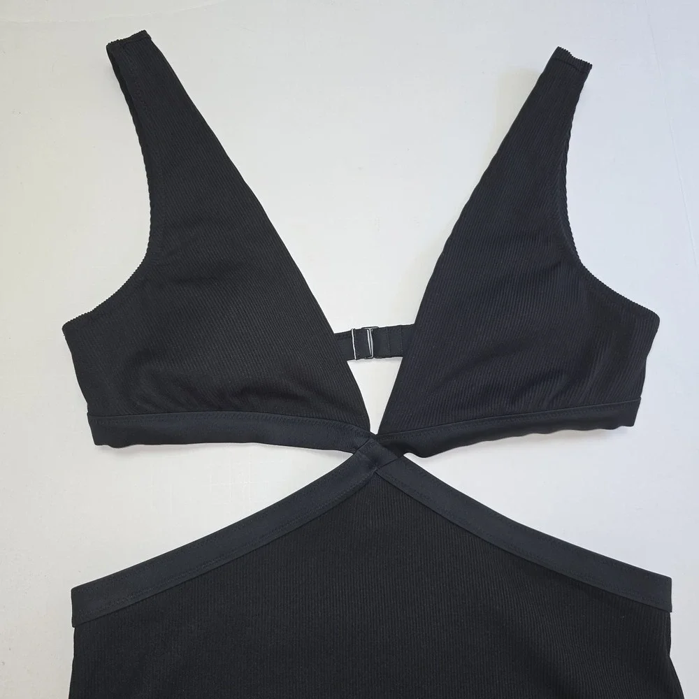Aerie One Piece Swimsuit Size L Ribbed Mix Crossover Cut Out Black V-neck Womens